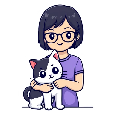 Girl with black hair wearing glasses holding a black and white cat sticker