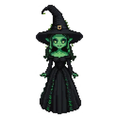 Elphaba from Wicked, green-skinned witch with a black pointed hat and black dress sticker