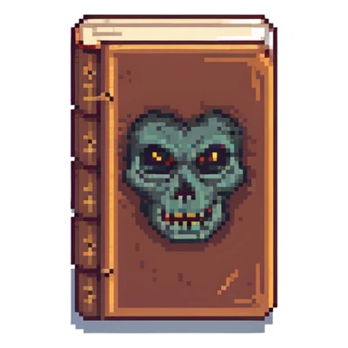 red cursed book with a sinister face sticker