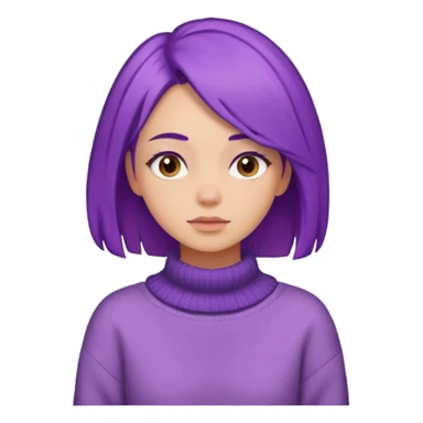 A woman with purple hair and a sweater sticker