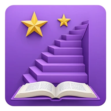 Minimal purple icon: an open book turning into a rising staircase with a star on top. Flat design. sticker