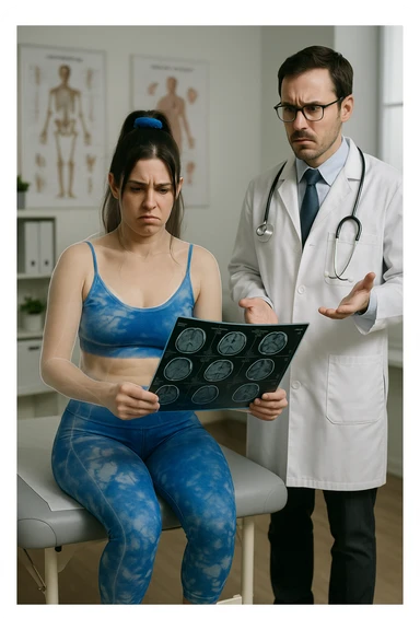 a person sits in a doctor’s office, holding medical imaging results (like X-rays or MRI scans) that appear normal. However, a subtle shadow or ghosted outline around their body reveals postural asymmetries—such as uneven shoulders or hips—that are not visible in the scans. The doctor looks puzzled, while the patient appears frustrated. sticker