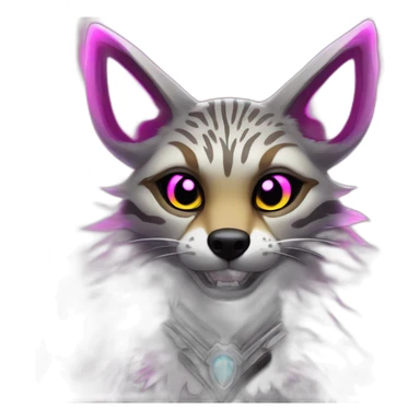 Coyote ocelot with grey and black fur and phoenix wings and pink ears half skeleton, neon lights sticker