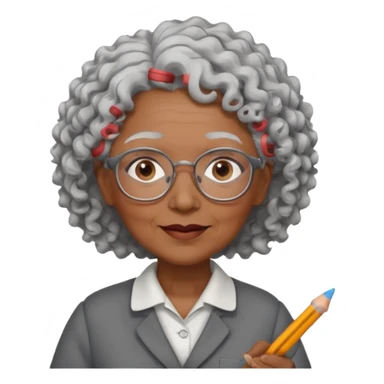 old woman teacher, brown skin, curly grey white hai, wearing glasses, hold chalk on hand sticker