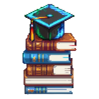 Terraria style pixel art stack of colorful books with a graduation cap on top sticker