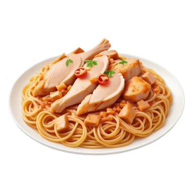 Cinematic realistic emoji depicting a dish of spaghetti with pieces of chicken breast, made with realistic details and bright natural lighting sticker