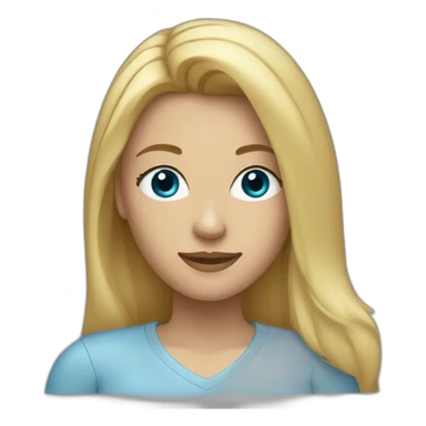 a blonde woman with long hair, dark eyes, and a light blue shirt sticker