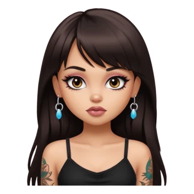generate a pretty bratz girl in black cami top, dark brown straight long hair with bangs, eyeliner on, with tattoos sticker