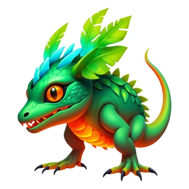 Tropical futuristic lush warm-colored neon Fakémon-Vernid-creature sticker