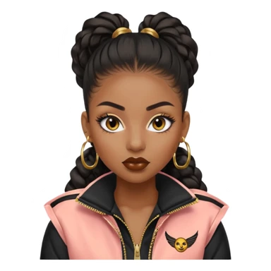 “black Emoji girl, fierce confident expression, sharp black winged eyeliner, bold brows, matte nude lips, long curled lashes, sleek high ponytail, gold hoop earrings, sporty streetwear jacket.” sticker