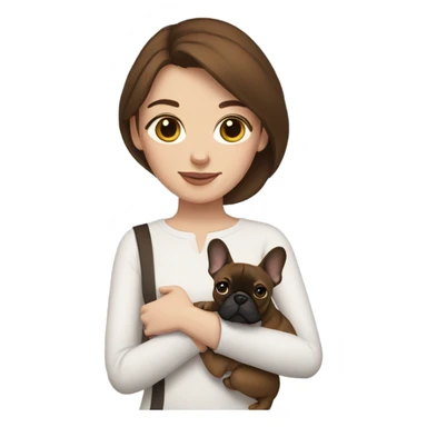 Woman with brown hair holding a French bulldog sticker