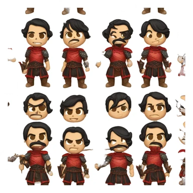 Vintage Tanned man with black hair pointed chin and stern face wearing red and black armour holding sword vintage intricate patterns sticker