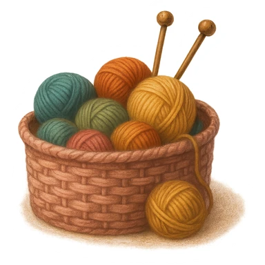 pink basket of yarn and knitting needles, cozy sticker