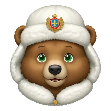 Extra cute smiling brown bear face with big green eyes, soft white fluffy ushanka hat with clear Russian Federation coat of arms emblem, iOS emoji style sticker