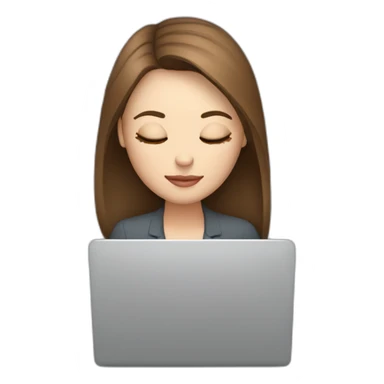 woman eyes closed behind a laptop. There is a coffee mug in front of the laptop. The woman has middle brown straight hair and pale skin. sticker