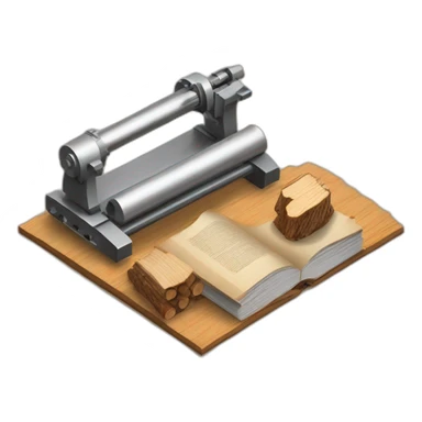 isometric BOOK with picture of wood logs, metal rods, fabric, cnc machine sticker