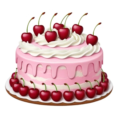 Round pink frosted cake with textured buttercream sides, placed on a plate cake board.
White whipped cream swirls on top, each topped with glossy red cherries with stems, clean studio lighting, isolated background, realistic minimal smooth emoji-style. sticker
