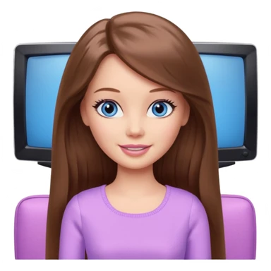 beautiful barbie girl with long brown hair, blue eyes and wearing light purple clothes watching tv sticker