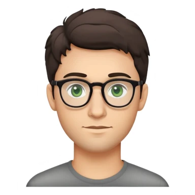 young man with dark poofier slightly curled hair wearing glasses with green eyes and very light stubble, minimal facial hair, with a slight smile sticker