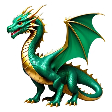 cinematic-noble-dragon-full body-emoji,-poised-and-majestic,-with-a-sinuous,-elongated-build-and-shimmering,-scale-covered-skin-in-hues-of-emerald-and-gold,-piercing,-fiery-eyes,-simplified-yet-sharp-and-sophisticated-features,-highly-detailed, zoomed out showing the serpentine body sticker
