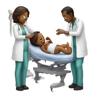 a woman gives birth and doctors stand nearby sticker