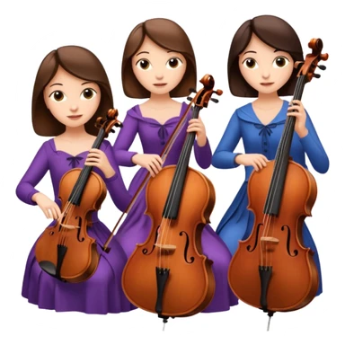 Create an imagine of three brunette women playing string instruments, the first is playing a cello, the second is playing a viola and the third is playing the violin sticker