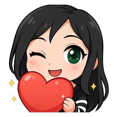 Twitch emote of a girl with black hair and green eyes, winking, in a shiny, detailed chibi style with large eyes, sparkles, soft shading, and a playful expression, matching the reference style. sticker