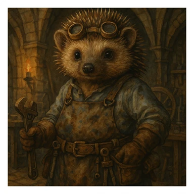 anthropomorphic hedgehog engineer, stained uniform, medieval workshop background, direct gaze, dungeons and dragons fantasy, detailed illustration, artstation quality sticker