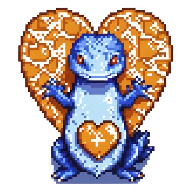 blue salamander with a square pattern on its skin, holding a heart sticker