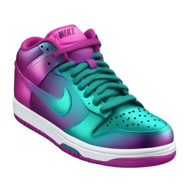 Realistic isolated top front view of a pair of metallic teal and metallic magenta ombre Nike Sneaker tennis shoes. sticker