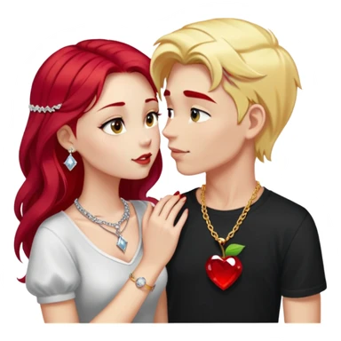 young couple kissing, girl with long cherry red hair and blonde eyebrows, gold A necklace, diamond ring, red bracelet, light clothes, boy with SHORT SNOW WHITE hair, silver ring with black stone, dark t-shirt sticker