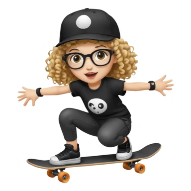 ["An excited girl with light skin, curly hair, wearing a baseball cap and square glasses, dressed in goth fashion, is skateboarding while holding a camera."] Pixal sticker