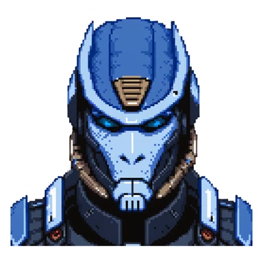 Garrus Vakarian from Mass Effect, turian with blue facial markings and targeting visor sticker