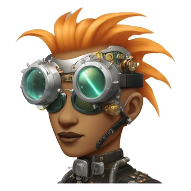 Light orange Mohawk hair make cyborg head with silver steampunk goggles and circuits sticker