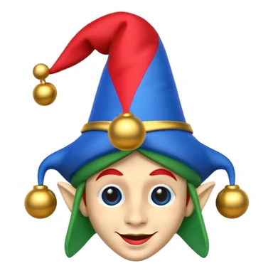 A 3D cartoon jester hat in red, blue, and green with bells, simple light background, Memoji-style rendering. sticker