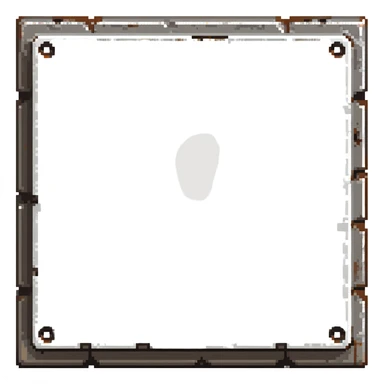 Industrial metal wall block, color #334155 with metallic highlights, metal plate texture with 4 rivets/bolts in corners, slight metallic sheen, solid and indestructible appearance, 32x32 pixels sticker