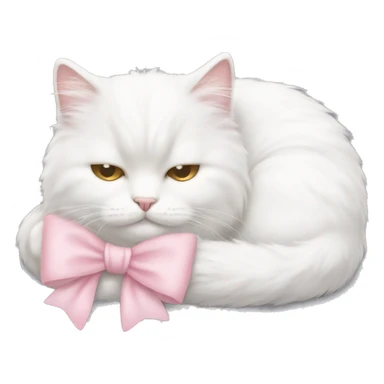 Sleeping white fluffy cat with a light pink bow on the head sticker