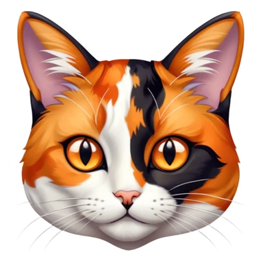Cinematic Noble Calico Cat Portrait Emoji, Poised and regal, with a striking patchwork fur in vibrant orange, black, and white hues, delicate whiskers and a refined, focused gaze, simplified yet exquisitely detailed, glowing with a soft, moonlit radiance and an air of aristocratic elegance, high shine, exuding dignified intelligence and poised authority, soft glowing outline, capturing the essence of a watchful and noble calico cat that appears ready to grace the screen with effortless majesty! sticker