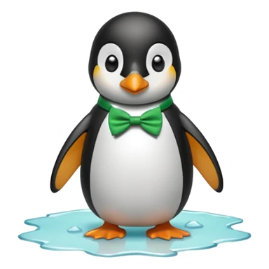penguin, green bow tie, standing on small ice melting sticker