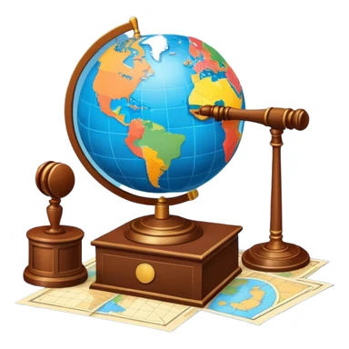 An icon featuring a globe with a gavel and a political map, symbolizing political science. The design includes a ballot box and a podium, representing democracy and governance. Transparent background highlights the study of political systems and global relations. sticker