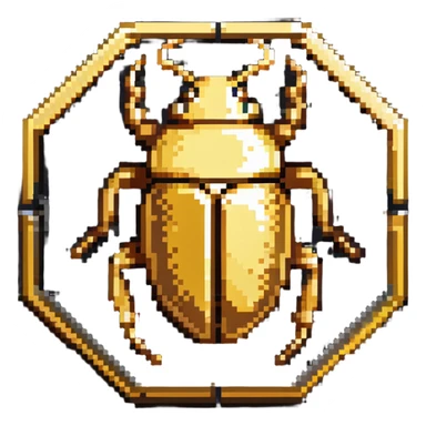 A golden hexagonal badge with a detailed beetle in the center, Discord bug hunter inspired sticker