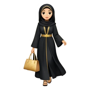 Middle Eastern cultural scene, featuring a young woman dressed in a traditional black abaya with gold accents, walking out of an old-style handcrafted shoe shop. sticker