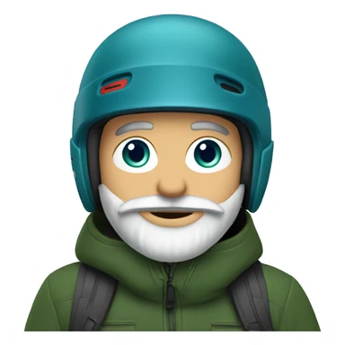 Snowboarder with a red helmet, blue eyes, grey beard, dark green jacket sticker