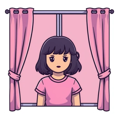 White girl with chest length black wavy hair with curtain bangs, gray eyes, wearing a pink top sticker