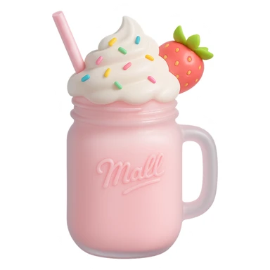 Make the 3D strawberry milkshake pastel colored with soft pinks and light tones. Keep the mason jar, whipped cream, rainbow sprinkles, and cherry on top. Remove the background. sticker
