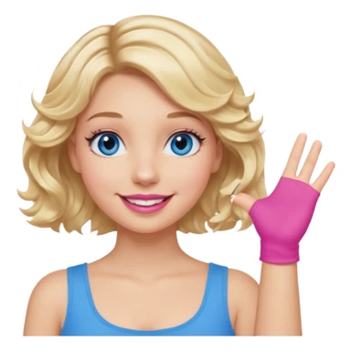 Girl Blonde short wavy hair,  blue eyes, cute blue top, long lashes, pink lips, smiling, hand in the air sticker