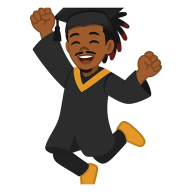 Create a male African American graduate emoji with the hairstyle and features from the reference photo, wearing a graduation cap and gown, jumping in the air with excitement. No background. sticker