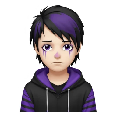 emo teen boy with long one-side messy black hair, dark hoodie with white and purple striped sleeves, piercings on his nose, dark eyeshadow sticker