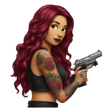 Beautiful tattooed burgundy long haired woman with a gun sticker