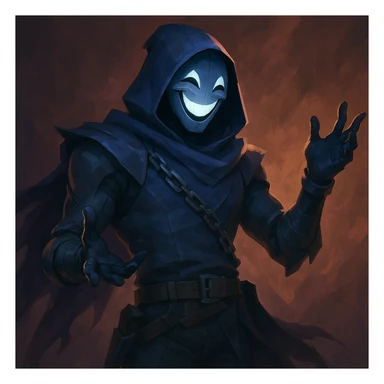 Valorant Omen character, happy expression, smiling mask, playful body language, game-accurate style, detailed, dramatic lighting sticker